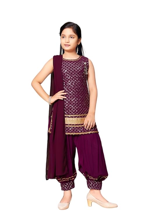 Aarika Girl's Georgette Ethnic Wear Sequin Embroidery Lace Work Kurti Patiala Suit Set