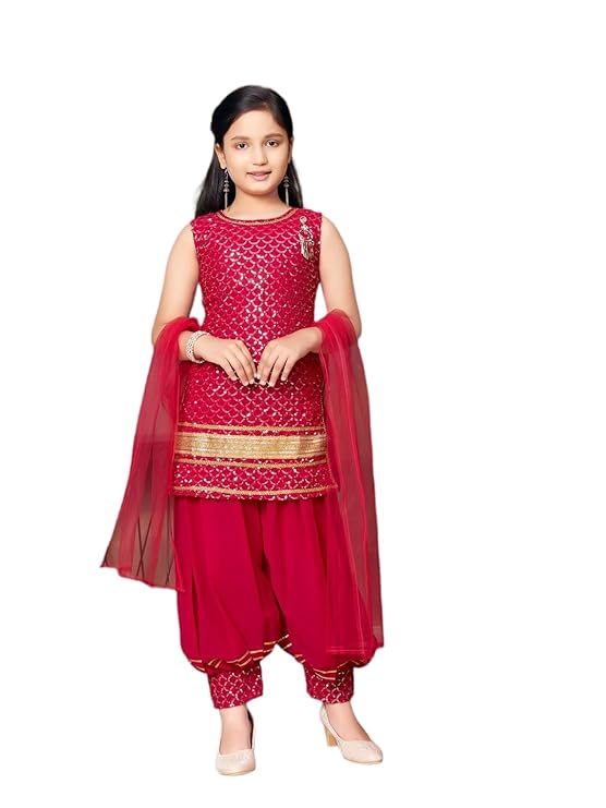 Aarika Girl's Georgette Ethnic Wear Sequin Embroidery Lace Work Kurti Patiala Suit Set