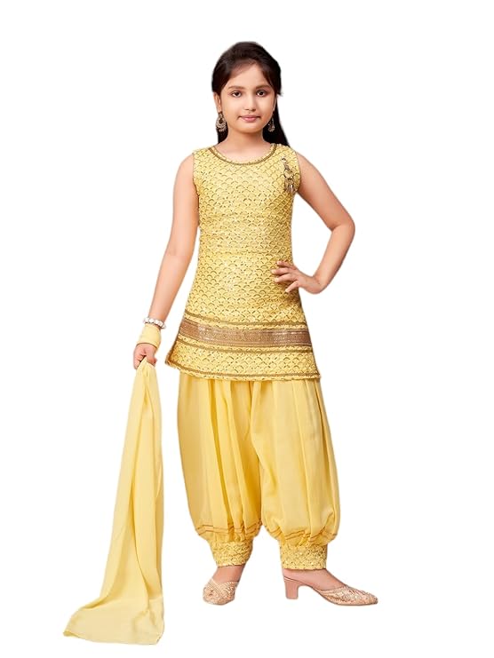 Aarika Girl's Georgette Ethnic Wear Sequin Embroidery Lace Work Kurti Patiala Suit Set